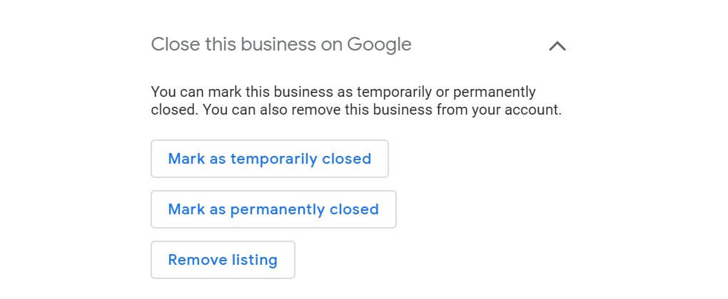 Closed business options on Google My Business card