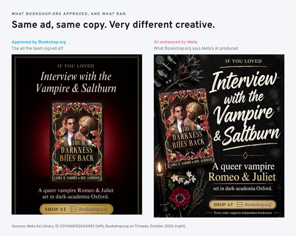Side-by-side comparison of a Bookshop.org Meta ad. Left, the approved version: a clean black and red design with the headline 'If you loved Interview with the Vampire & Saltburn', the book cover of The Darkness Bites Back, and a Shop at Bookshop.org button. Right, the version Bookshop.org says Meta's AI produced: the same copy in a busier layout with brush-script lettering, flowers, thistles, and a lit candle around the book.