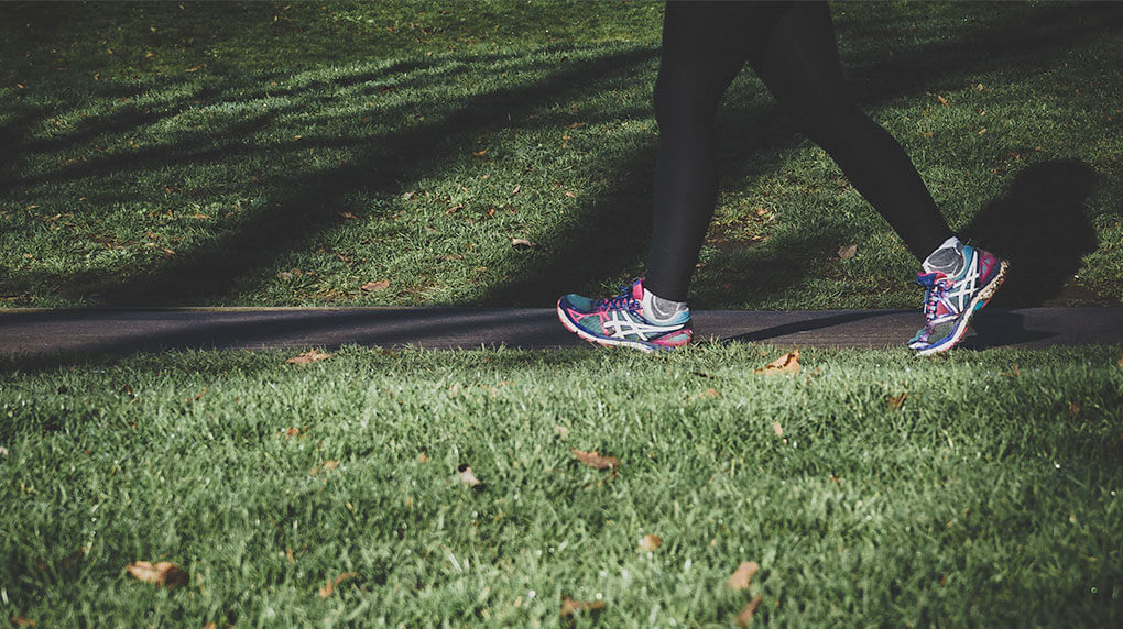 person walking on a path through grass