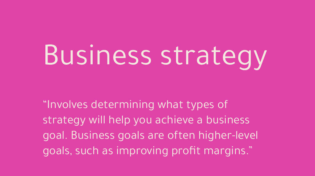 quote that says business strategy involves determining what types of strategy will help you achieve a business goal. Business goals are often higher-level goals, such as improving profit margins.
