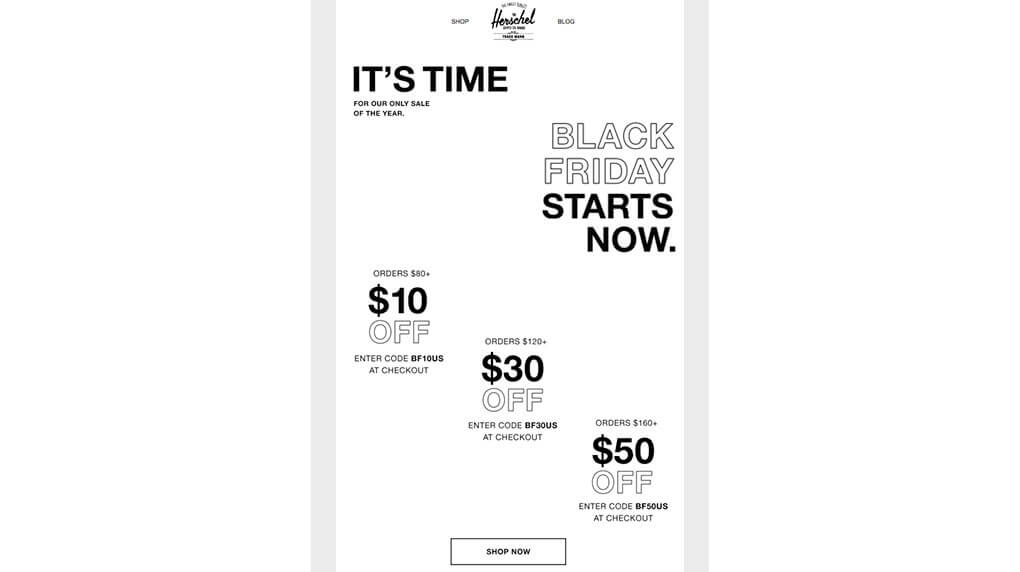 Herchel's Black Friday email campaign
