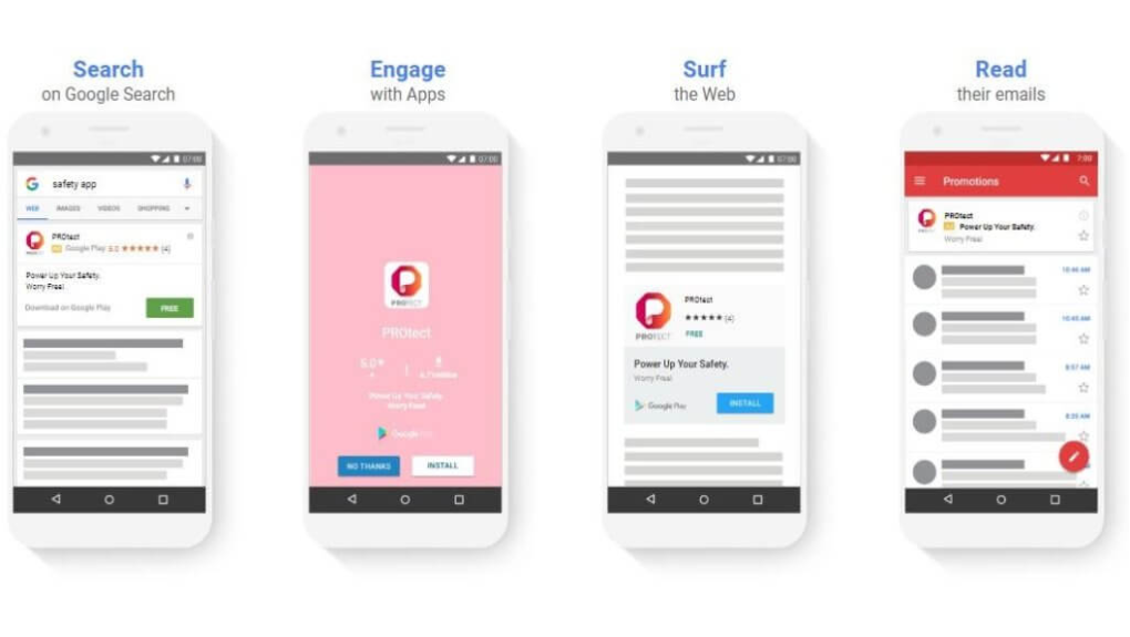 mockups of what a Universal app campaign would look like on Google Search, Apps, the Web, and in emails