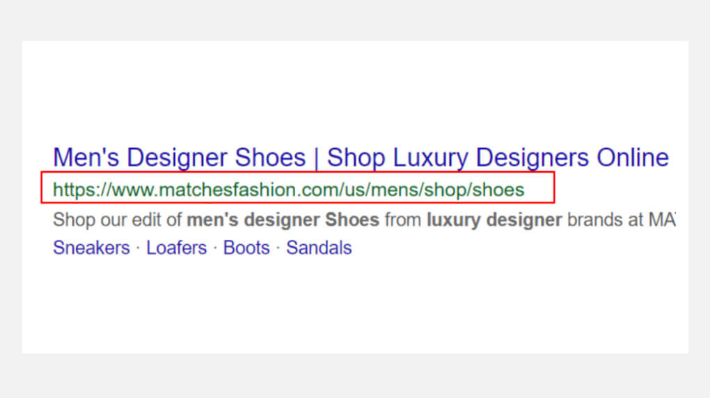 SEO best practices  example of URL structure for matchesfashion.com on Google Search Page