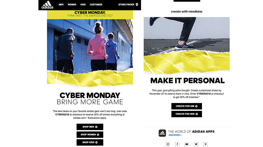 Adidas email campaign for Cyber Monday
