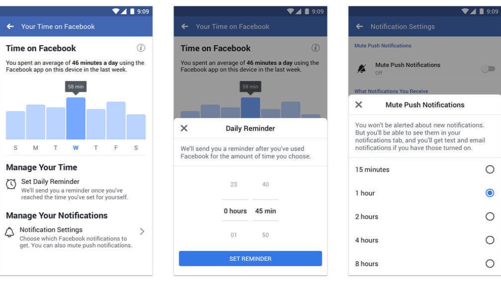 Facebook feature to set time limit reminders and notification settings