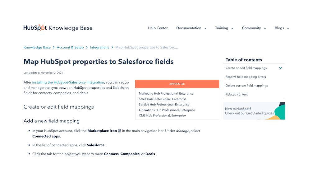 hubspot and salesforce information on website