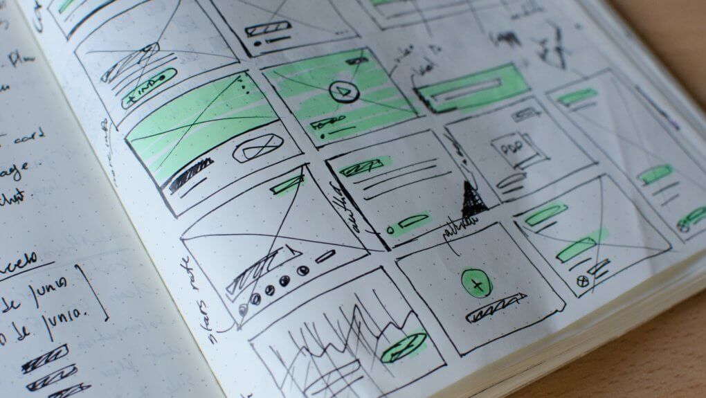 website structure mockup drawings on paper