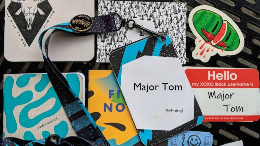 Major Tom name tags at XOXO 2018 event