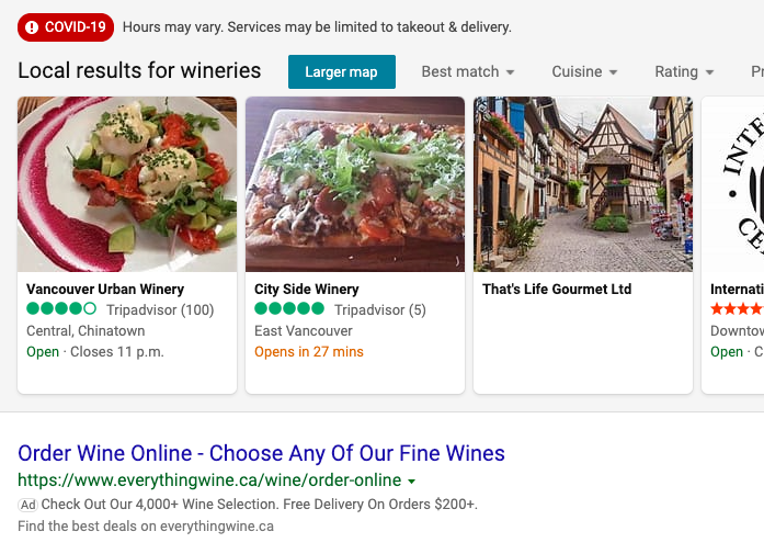 Screenshot of image search ads for local wineries